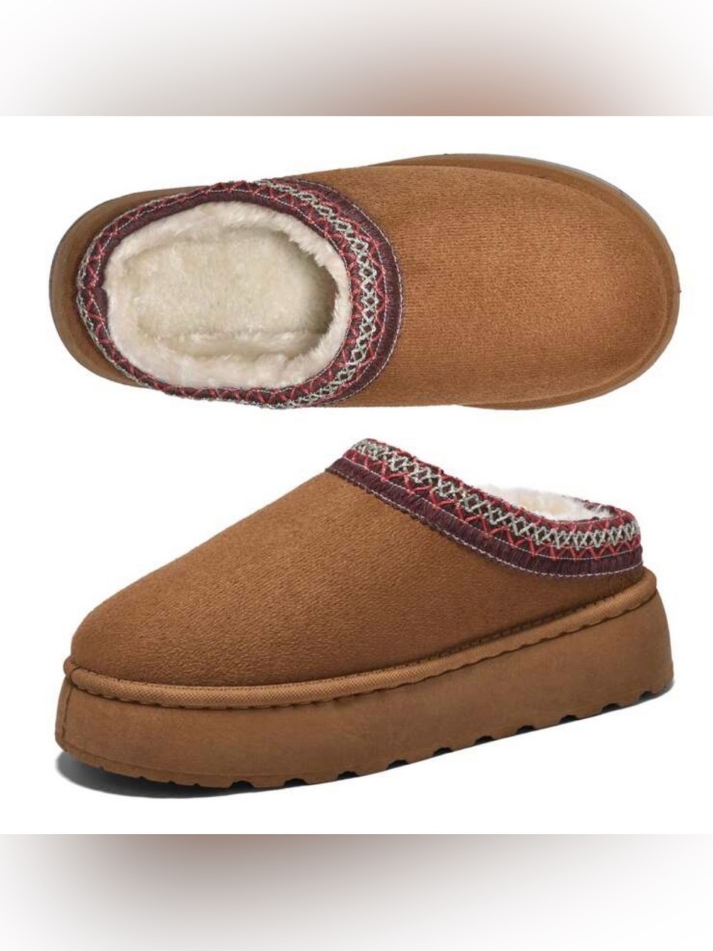 New SHEIN 9.5 Brown Suede Fuzzy Boots Shoes Slippers Red Accent Trim Slip Ons